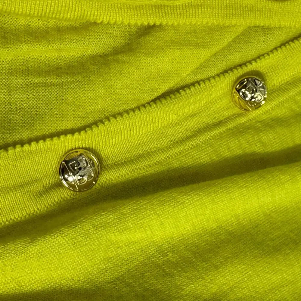 Escada Chartreuse Knit Cardigan Gold Buttons Italy Quiet Luxury L - Picture 6 of 9